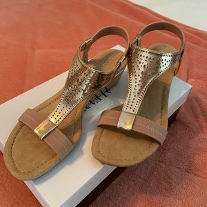 Sandal by Alfani in rose gold. Approx 1.5 in wedge heel. Never worn.